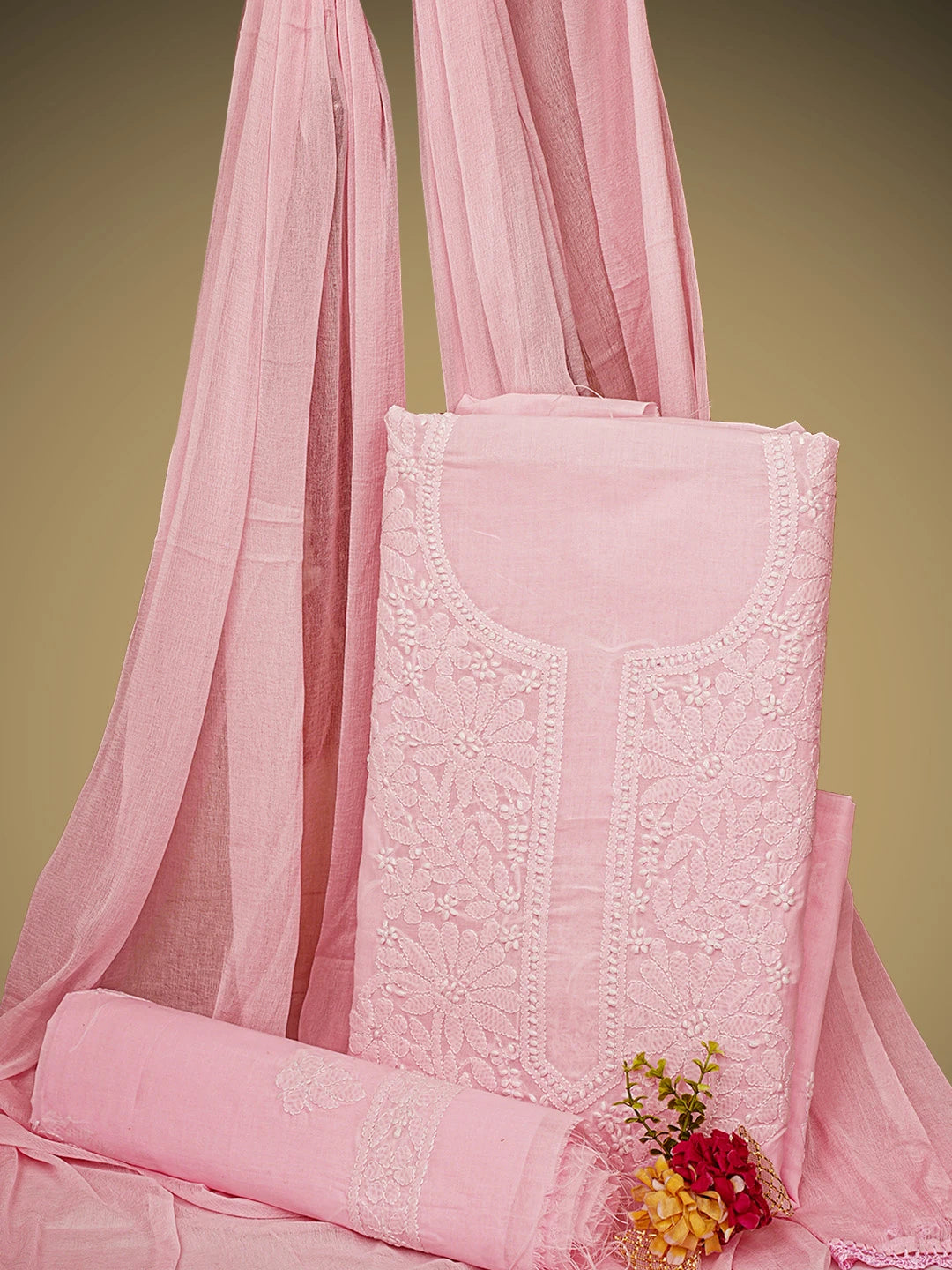 Ada Hand Embroidered Pink Cotton Lucknowi Chikankari Unstitched Suit Piece 01A960340