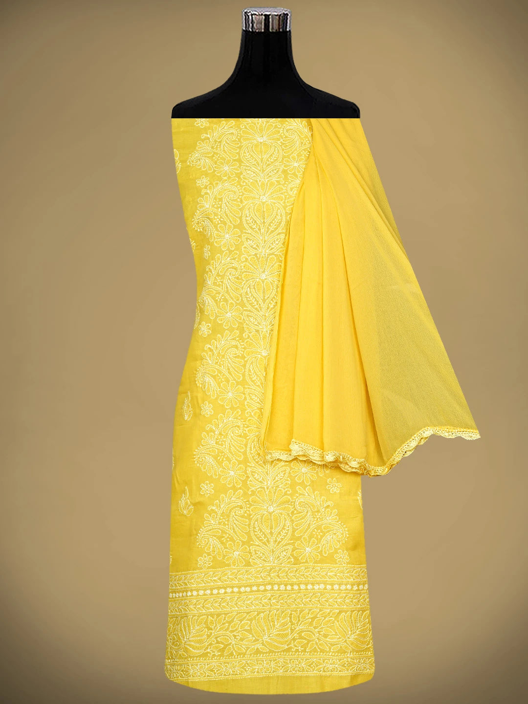 Ada Hand Embroidered Yellow Cotton Lucknowi Chikankari Unstitched Suit Piece 01A960231