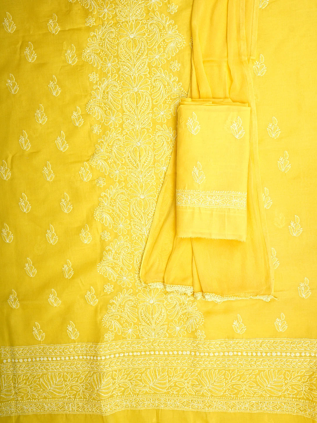 Ada Hand Embroidered Yellow Cotton Lucknowi Chikankari Unstitched Suit Piece 01A960231