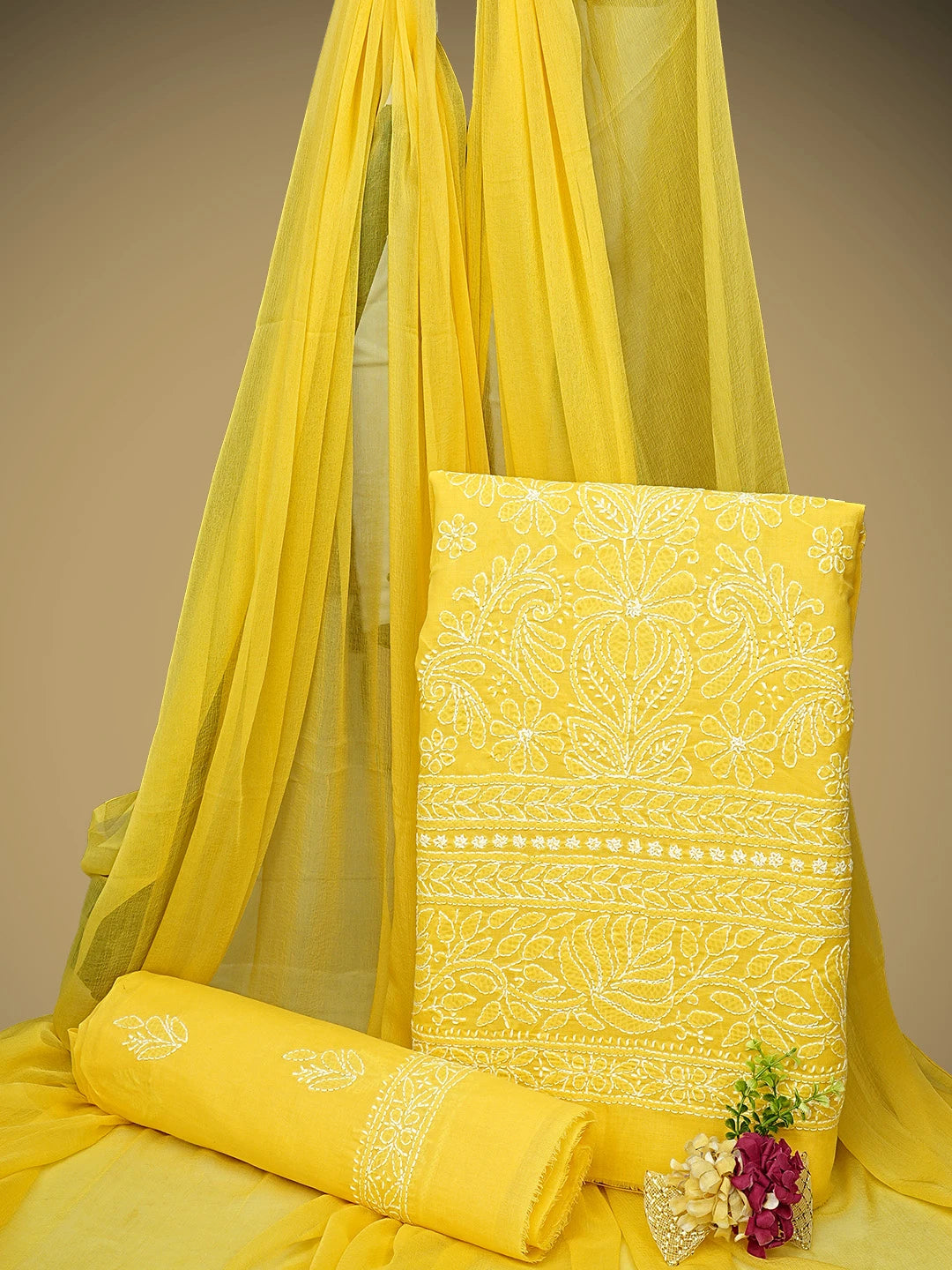 Ada Hand Embroidered Yellow Cotton Lucknowi Chikankari Unstitched Suit Piece 01A960231