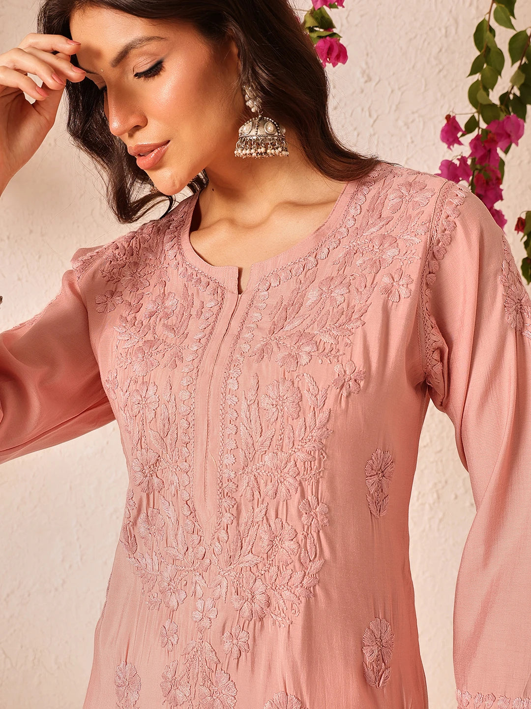 Ada Hand Embroidered Dusty Pink Chanderi Lucknowi Chikankari Straight Kurta A411778