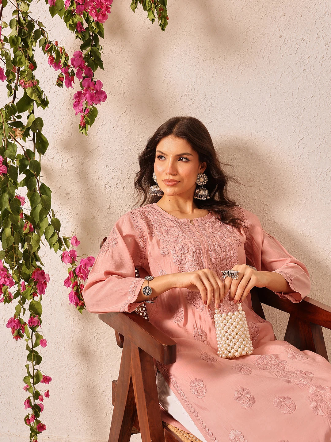 Ada Hand Embroidered Dusty Pink Chanderi Lucknowi Chikankari Straight Kurta A411778