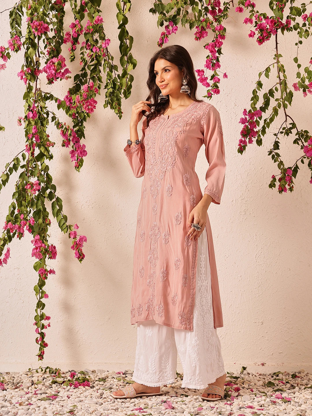 Ada Hand Embroidered Dusty Pink Chanderi Lucknowi Chikankari Straight Kurta A411778
