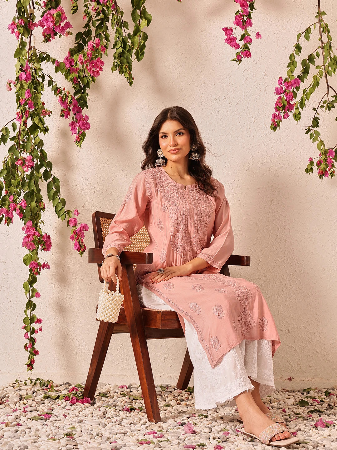 Ada Hand Embroidered Dusty Pink Chanderi Lucknowi Chikankari Straight Kurta A411778