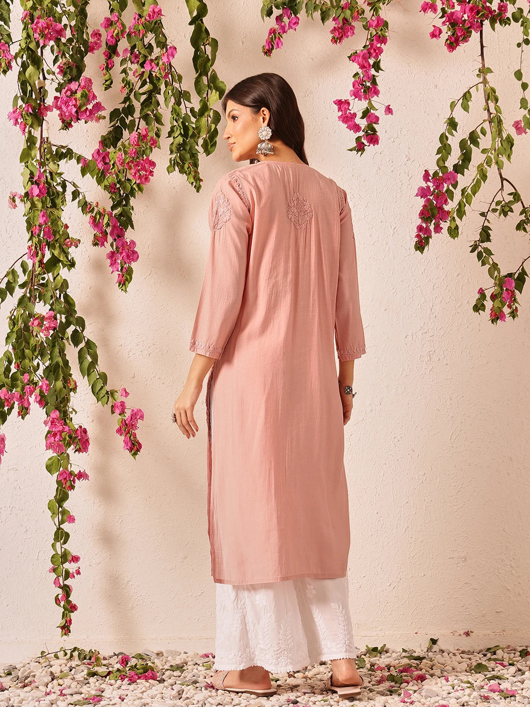 Ada Hand Embroidered Dusty Pink Chanderi Lucknowi Chikankari Straight Kurta A411778