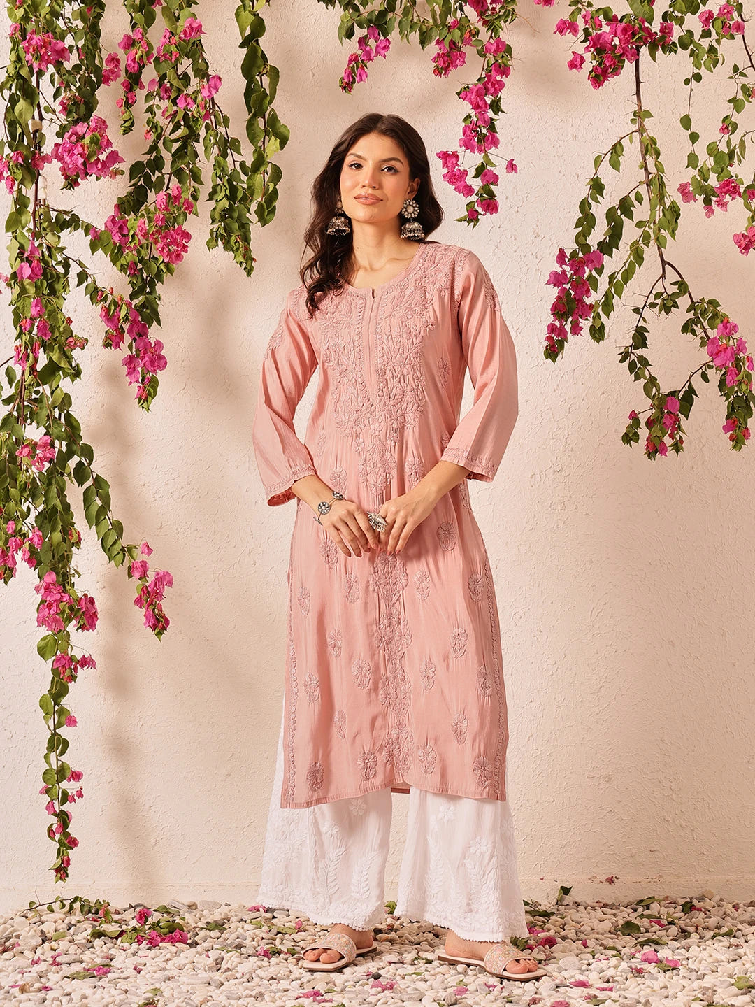 Ada Hand Embroidered Dusty Pink Chanderi Lucknowi Chikankari Straight Kurta A411778