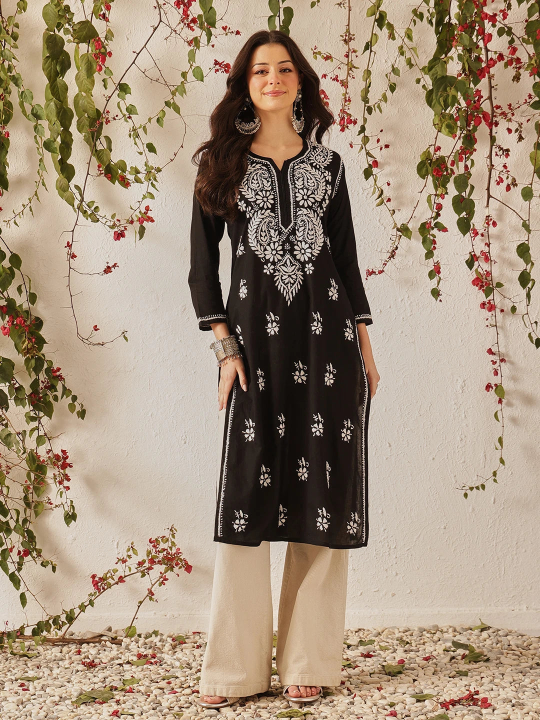 Ada Hand Embroidered Black Cotton Lucknow Chikankari Straight Kurta A411809
