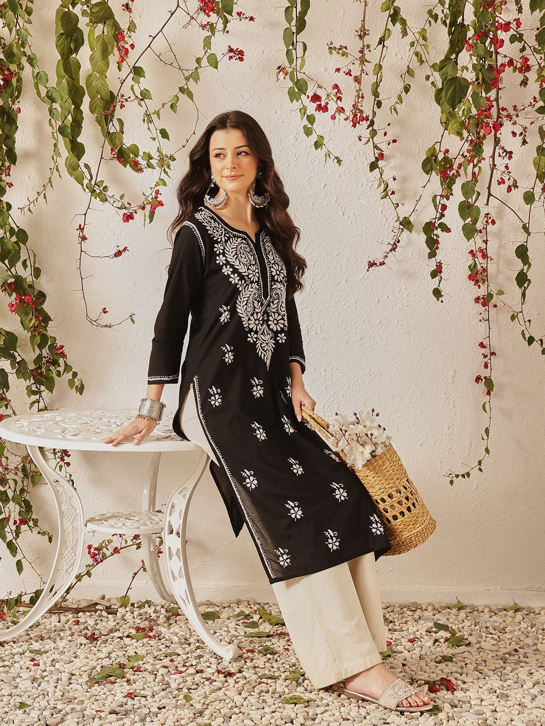 Ada Hand Embroidered Black Cotton Lucknow Chikankari Straight Kurta A411809