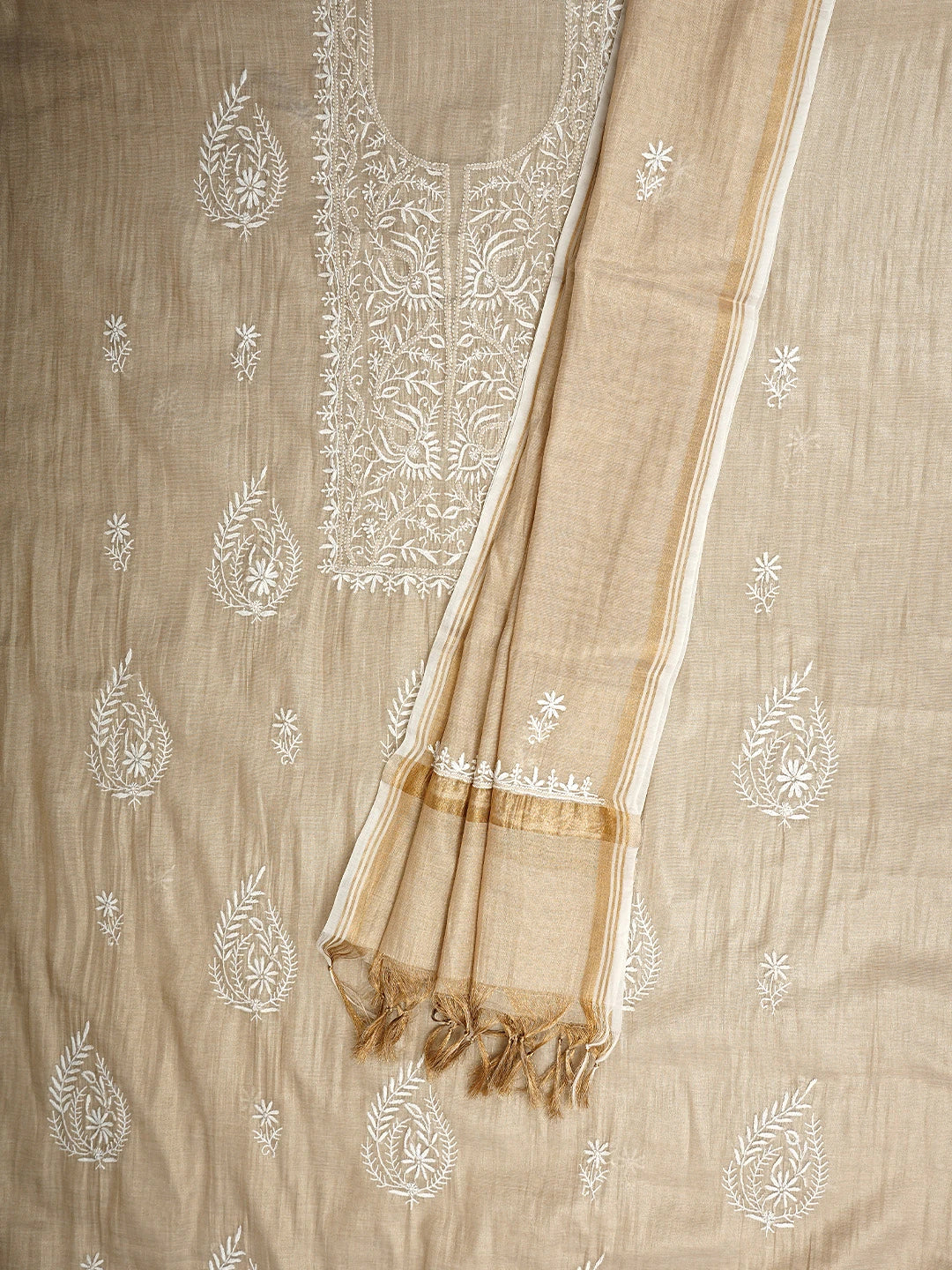 Ada Hand Embroidered Fawn Tissue Lucknowi Chikankari Unstitched Kurta Dupatta Set 01A954191