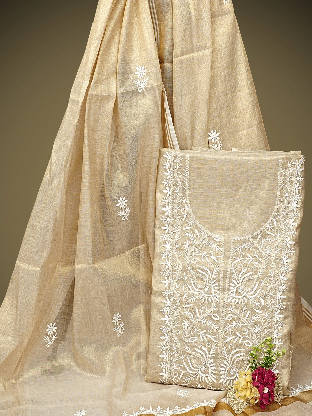 Ada Hand Embroidered Fawn Tissue Lucknowi Chikankari Unstitched Kurta Dupatta Set 01A954191