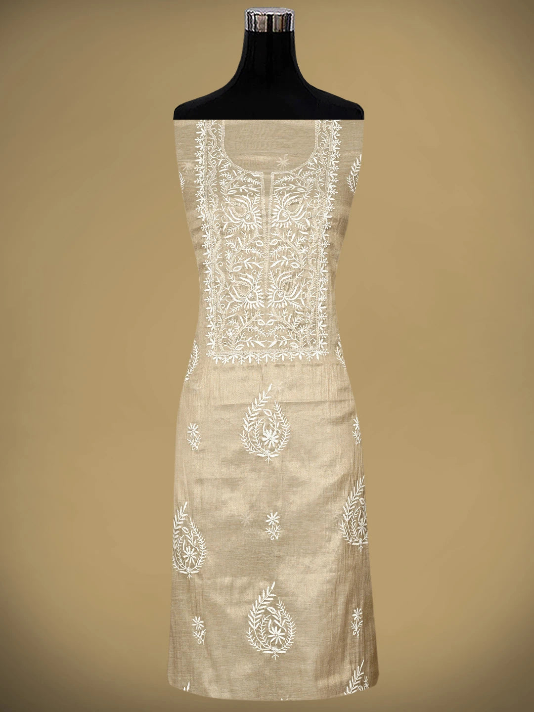 Ada Hand Embroidered Fawn Tissue Lucknowi Chikankari Unstitched Kurta Dupatta Set 01A954191