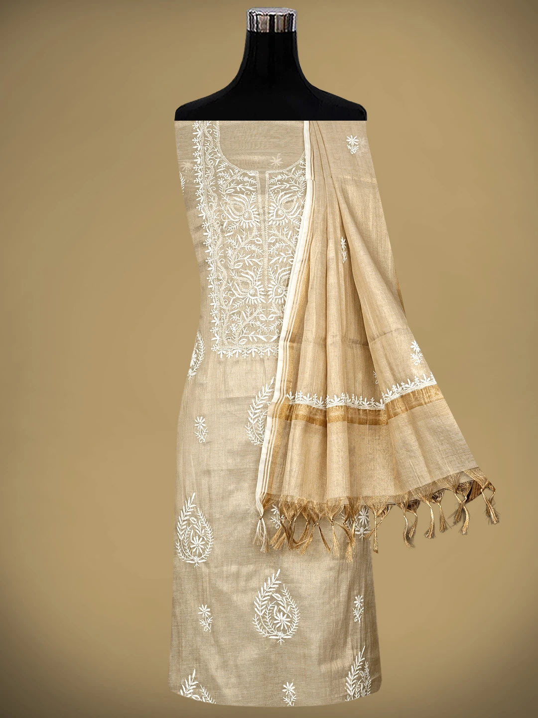 Ada Hand Embroidered Fawn Tissue Lucknowi Chikankari Unstitched Kurta Dupatta Set 01A954191