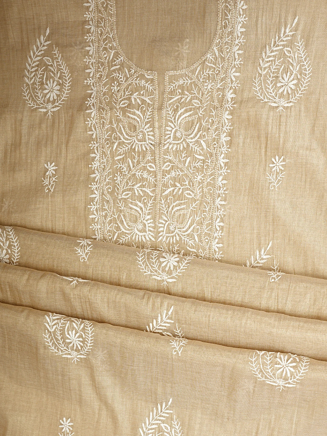 Ada Hand Embroidered Fawn Tissue Lucknowi Chikankari Unstitched Kurta Dupatta Set 01A954191