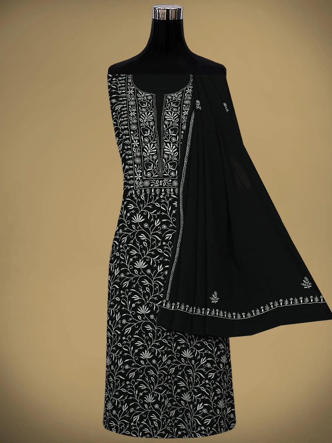 Ada Hand Embroidere Black Viscose Georgette Lucknowi Chikankari Unstitched Kurta Dupatta Set 01A865539