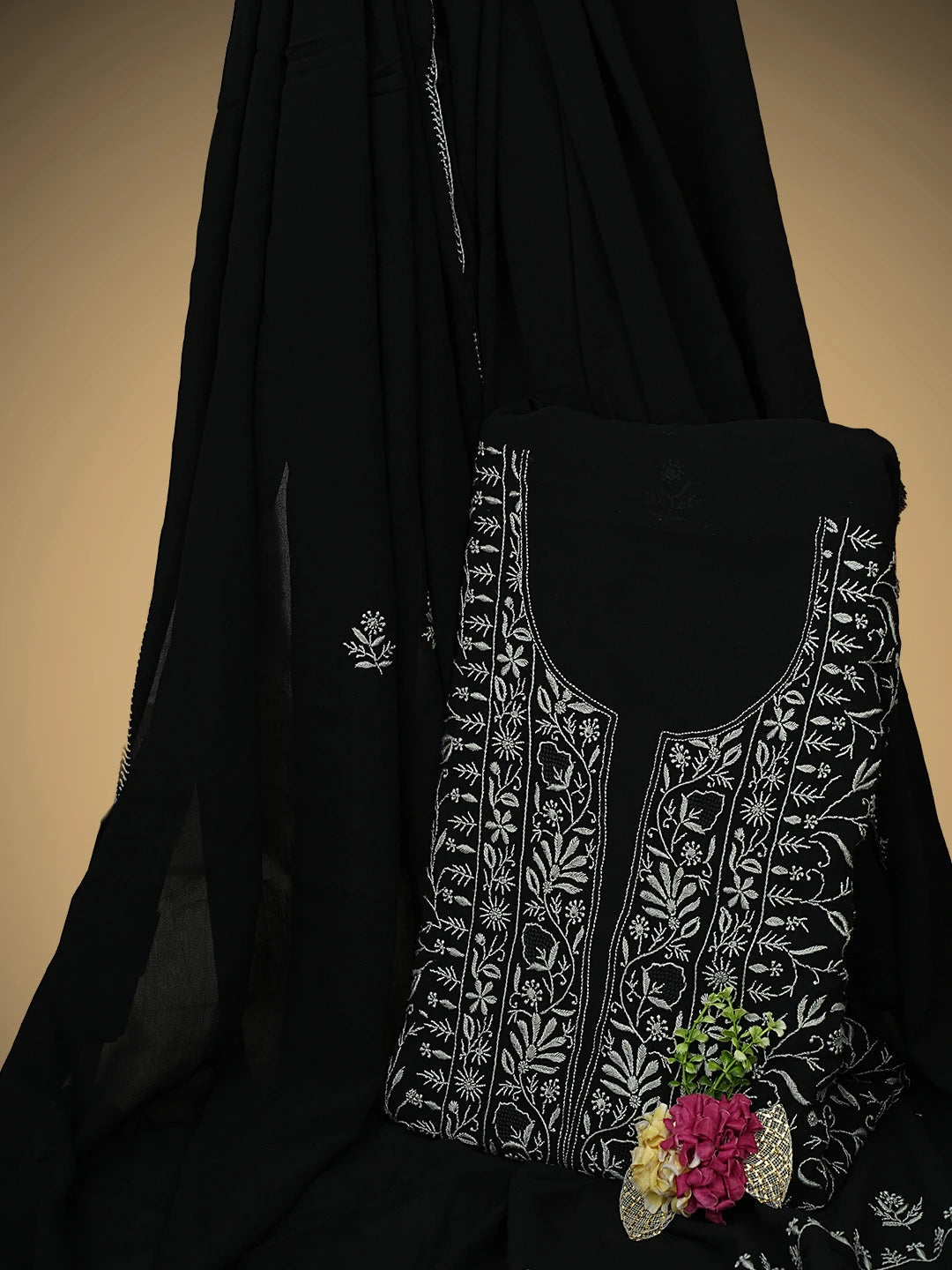 Ada Hand Embroidere Black Viscose Georgette Lucknowi Chikankari Unstitched Kurta Dupatta Set 01A865539