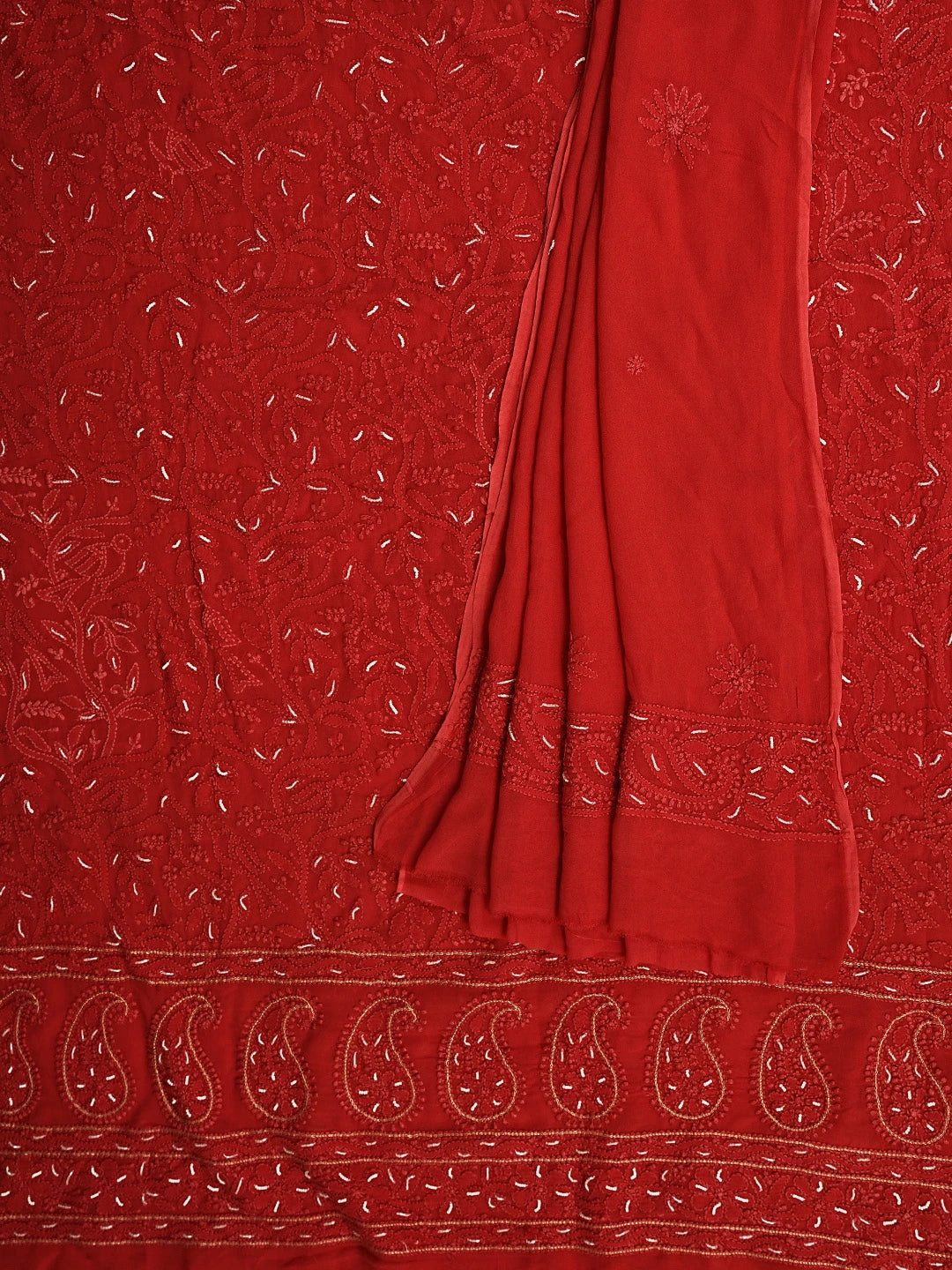 Ada Hand Embroidered Strawberry Red Viscose Georgette Lucknowi Chikankari Unstitched Kurta Dupatta Set With Zari Work 01A893626