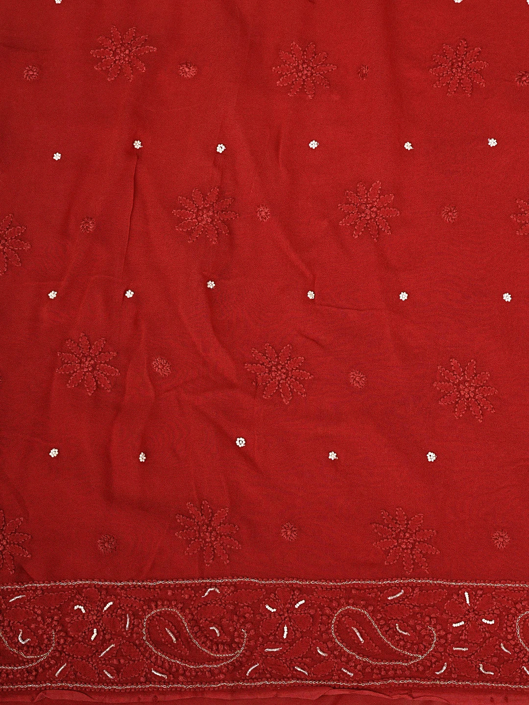 Ada Hand Embroidered Strawberry Red Viscose Georgette Lucknowi Chikankari Unstitched Kurta Dupatta Set With Zari Work 01A893626