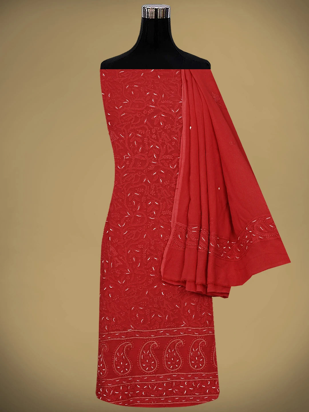 Ada Hand Embroidered Strawberry Red Viscose Georgette Lucknowi Chikankari Unstitched Kurta Dupatta Set With Zari Work 01A893626