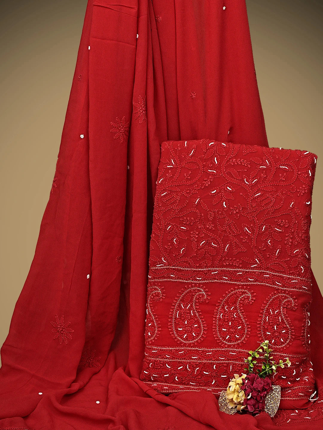 Ada Hand Embroidered Strawberry Red Viscose Georgette Lucknowi Chikankari Unstitched Kurta Dupatta Set With Zari Work 01A893626