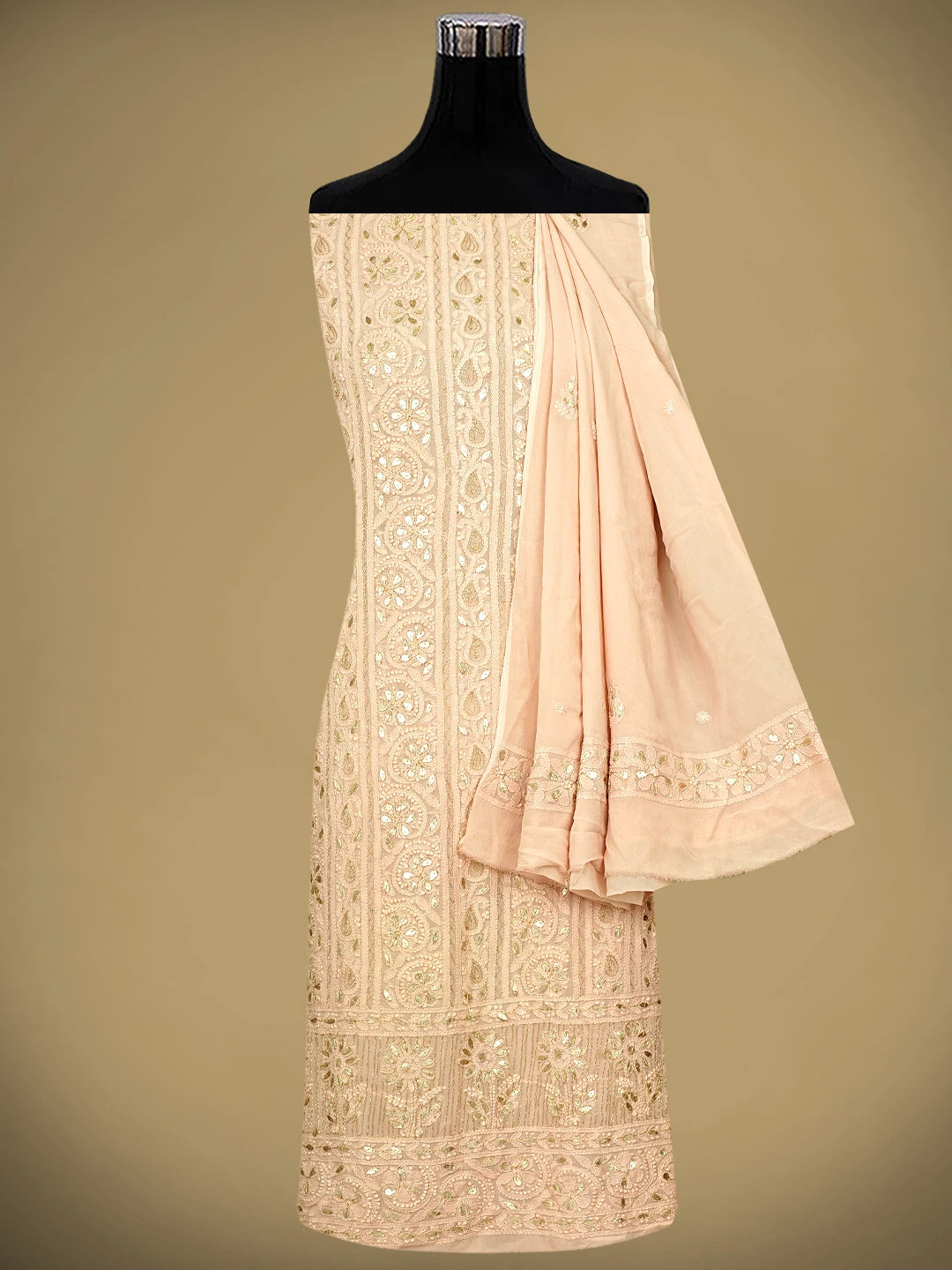 Ada Hand Embroidered Dusty Peach Viscose Georgette Lucknowi Chikankari Unstitched Kurta Dupatta Set With Zari Work 01A944707