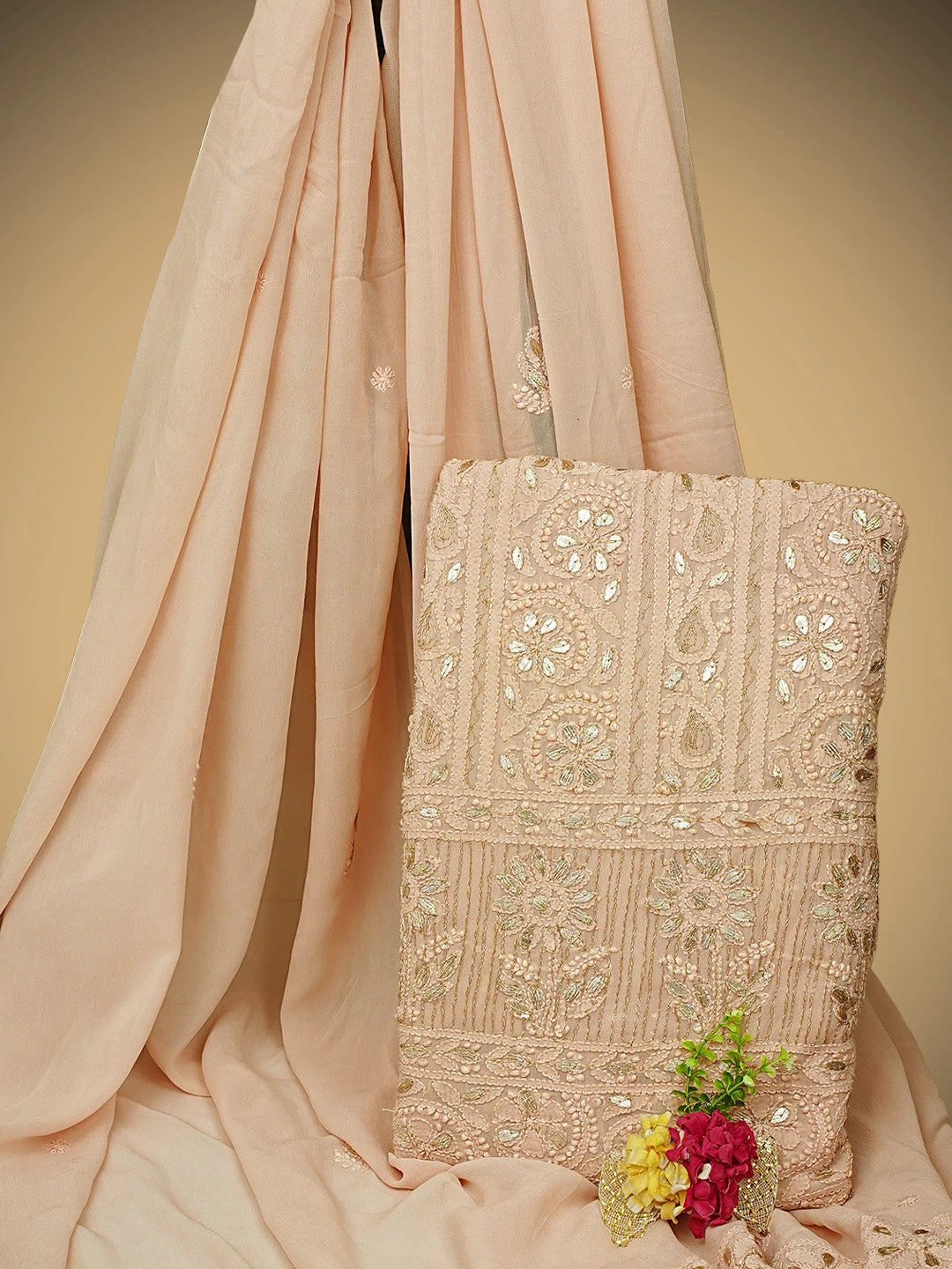 Ada Hand Embroidered Dusty Peach Viscose Georgette Lucknowi Chikankari Unstitched Kurta Dupatta Set With Zari Work 01A944707