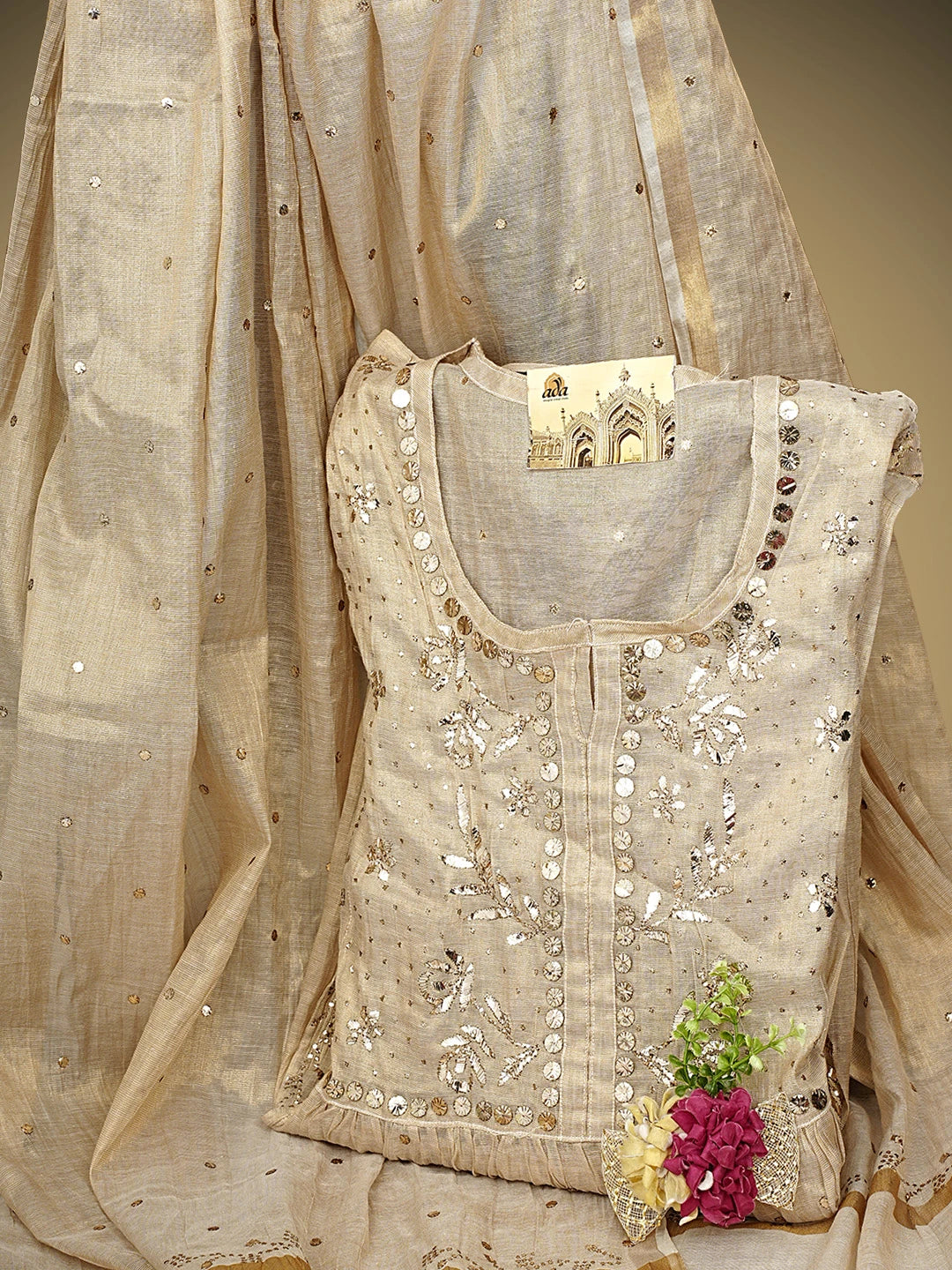 Ada Hand Embroidered Fawn Tissue Semi-Stitched A-line Kurta Dupatta Set With Muqaish Work 01A947831