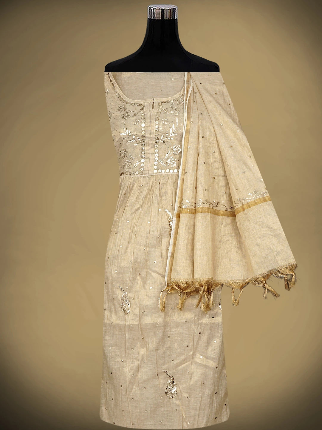 Ada Hand Embroidered Fawn Tissue Semi-Stitched A-line Kurta Dupatta Set With Muqaish Work 01A947831