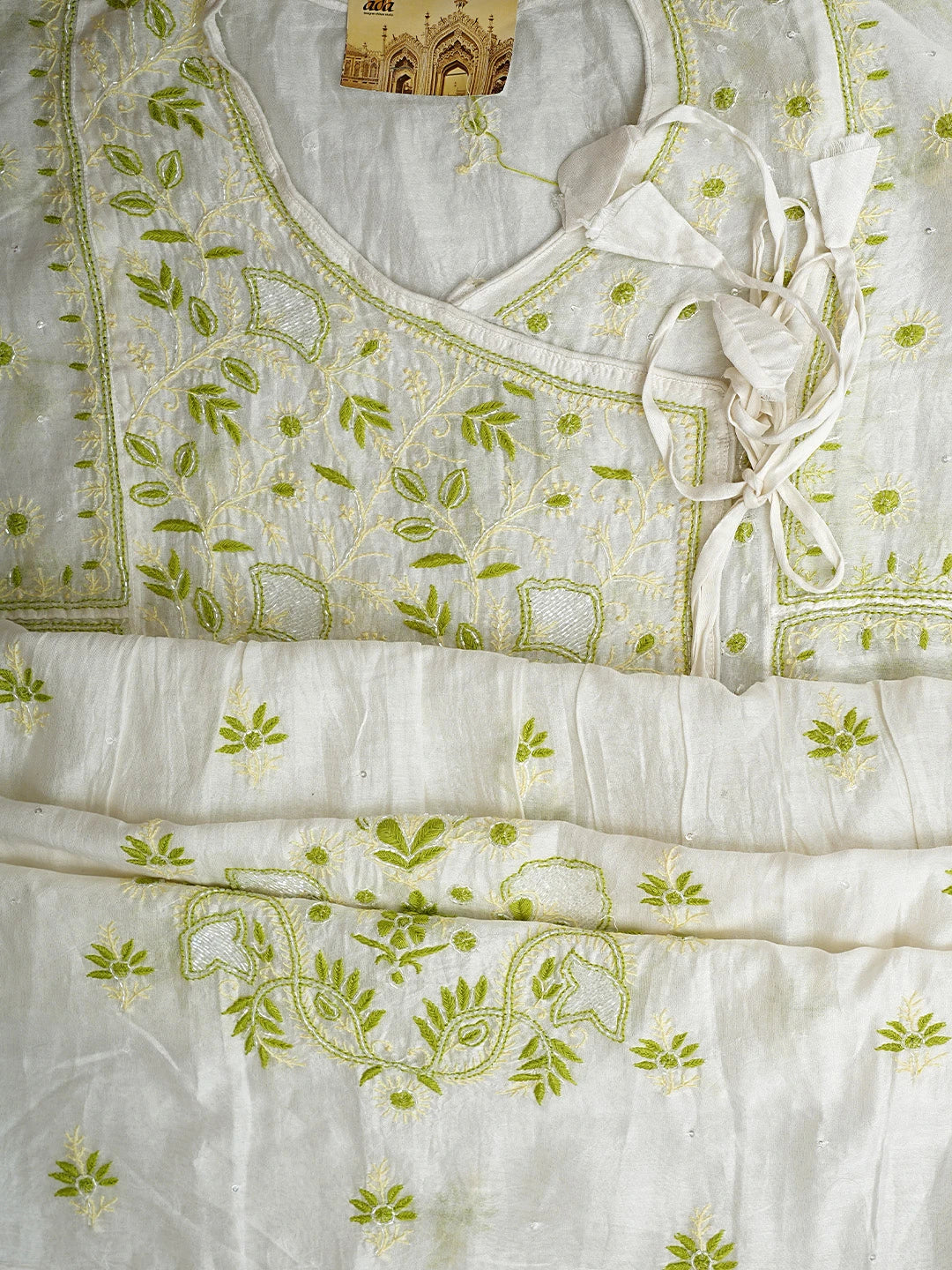 Ada Hand Embroidered Beige Chanderi Lucknowi Chikankari Semi-stitched Kurta Dupatta Set With Cutdana Work 01A913340