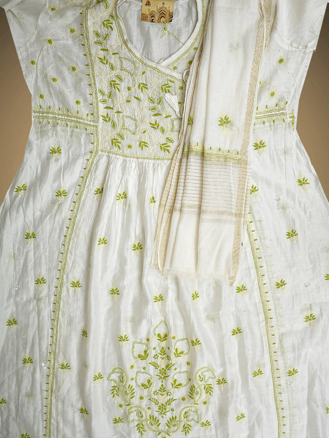 Ada Hand Embroidered Beige Chanderi Lucknowi Chikankari Semi-stitched Kurta Dupatta Set With Cutdana Work 01A913340