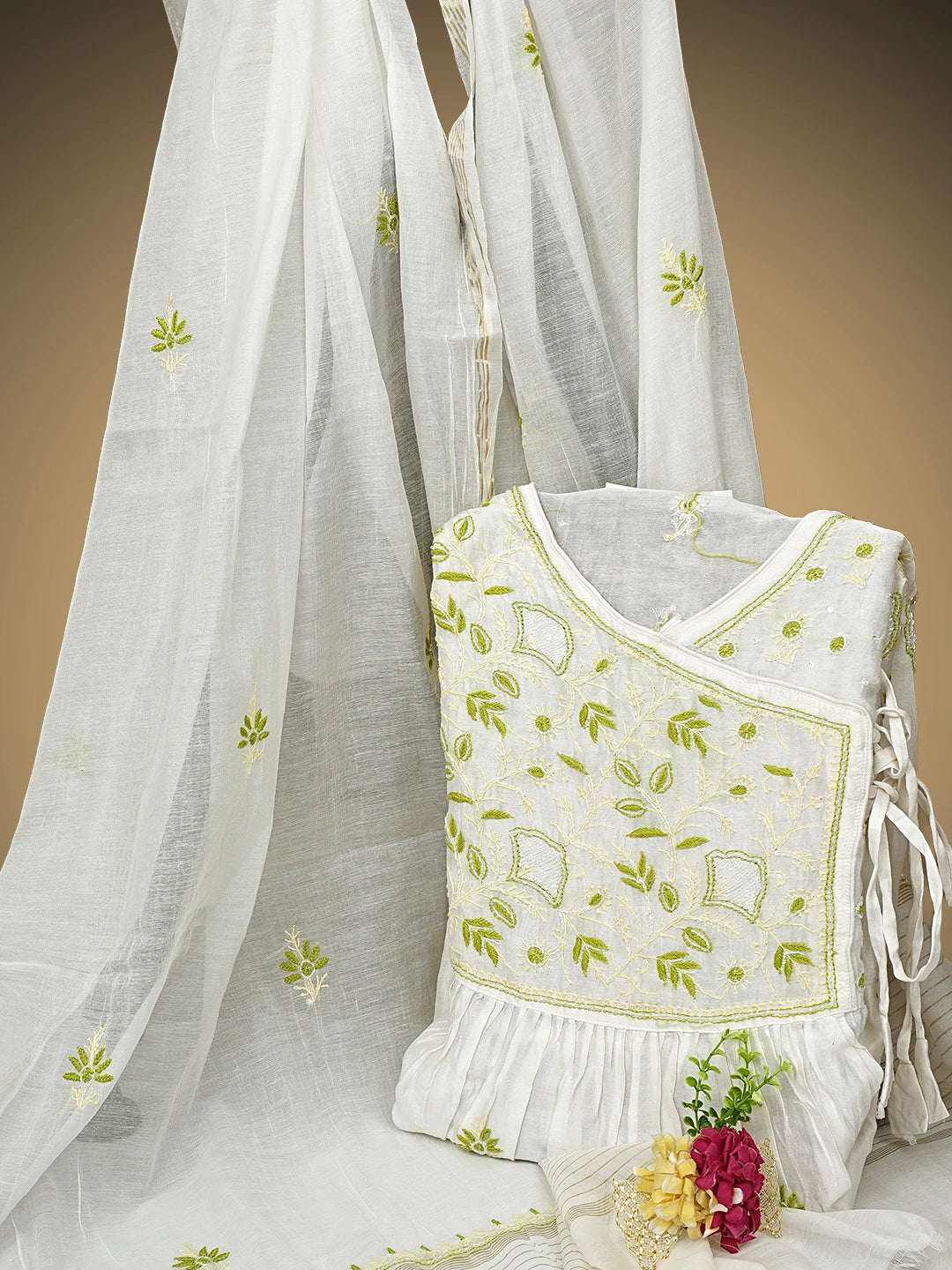 Ada Hand Embroidered Beige Chanderi Lucknowi Chikankari Semi-stitched Kurta Dupatta Set With Cutdana Work 01A913340