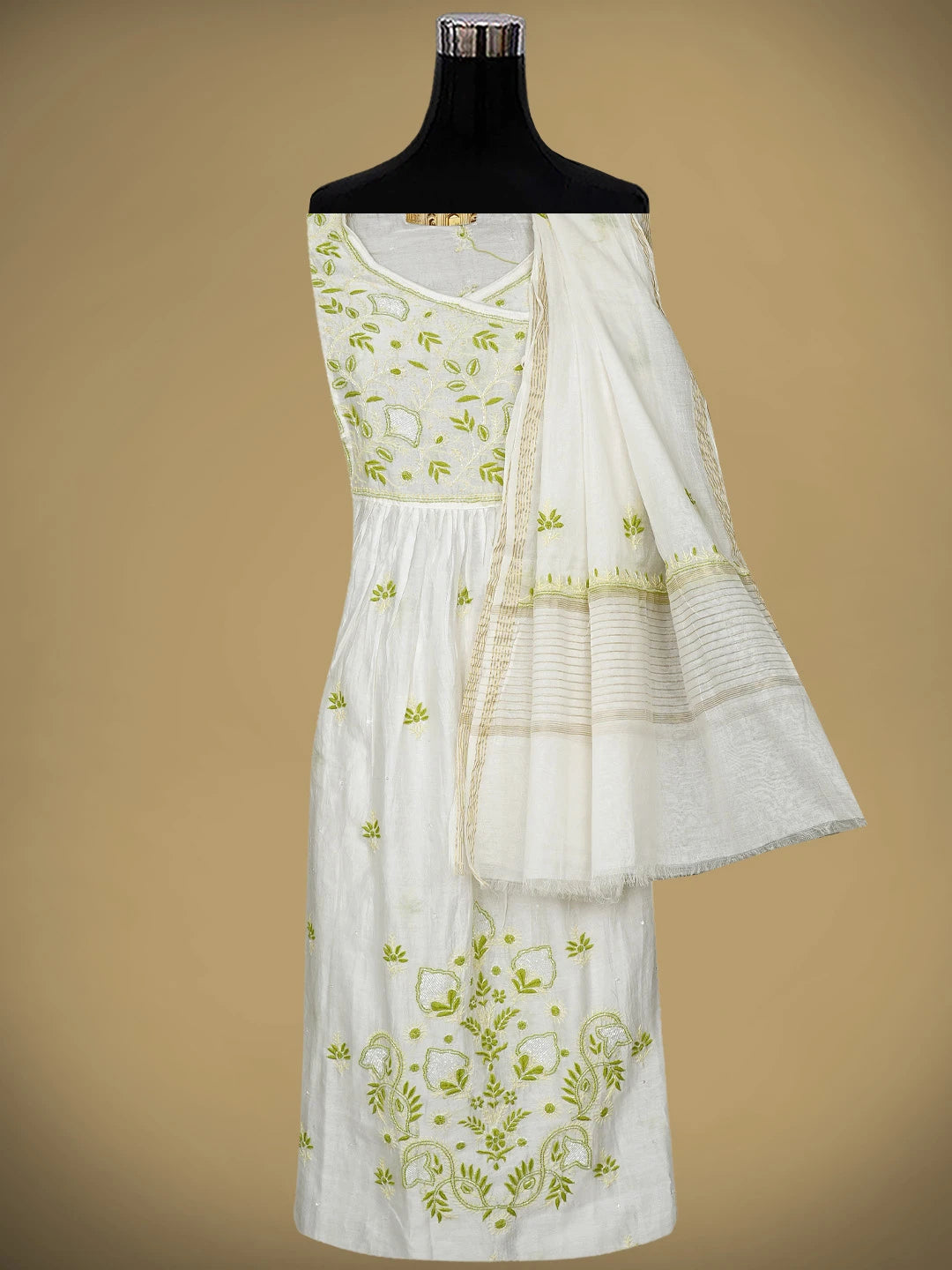 Ada Hand Embroidered Beige Chanderi Lucknowi Chikankari Semi-stitched Kurta Dupatta Set With Cutdana Work 01A913340