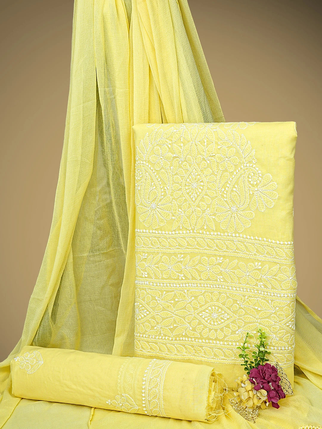 Ada Hand Embroidered Lemon Cotton Lucknowi Chikankari Unstitched Suit Piece 01A960237
