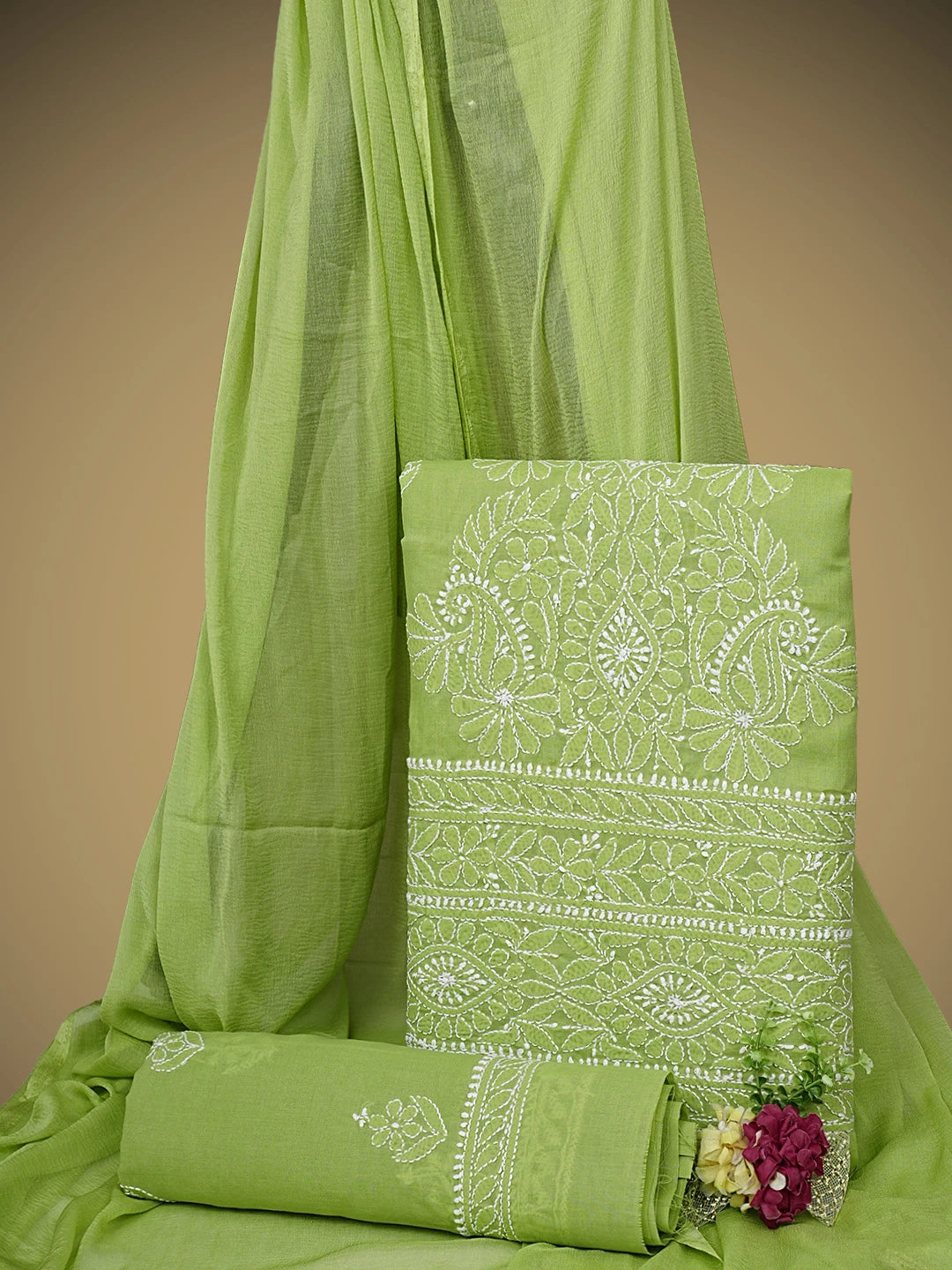 Ada Hand Embroidered Green Cotton Lucknowi Chikankari Unstitched Suit Piece 01A960238