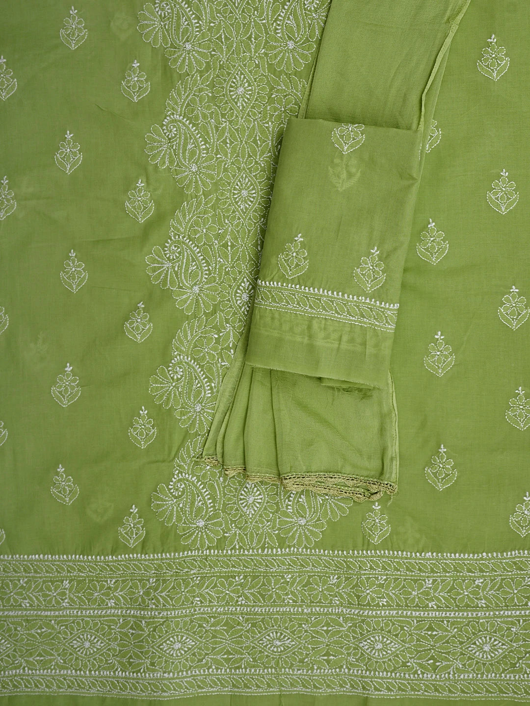 Ada Hand Embroidered Green Cotton Lucknowi Chikankari Unstitched Suit Piece 01A960238