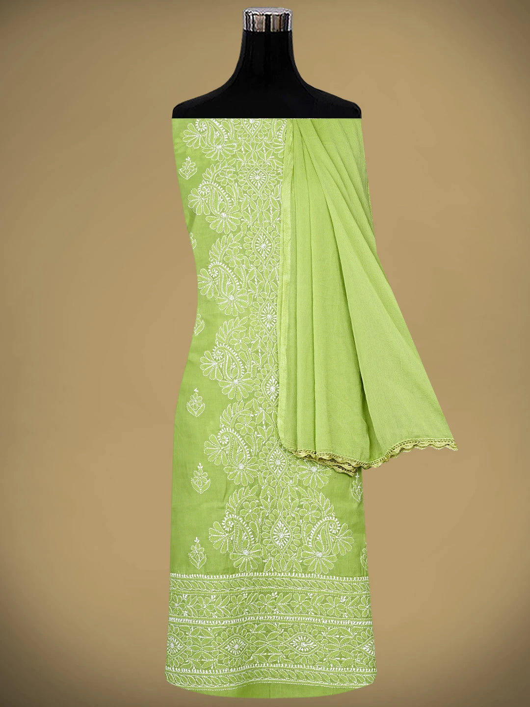 Ada Hand Embroidered Green Cotton Lucknowi Chikankari Unstitched Suit Piece 01A960238
