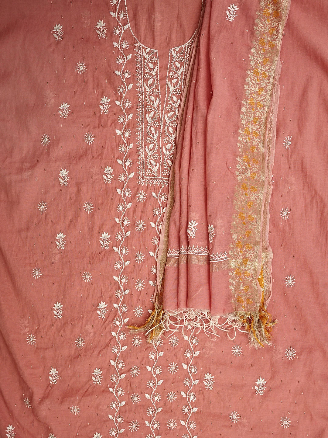 Ada Hand Embroidered Dusty Peach Chanderi Lucknowi Chikankari Unstitched Kurta Dupatta Set with Cutdana Work 01A818432