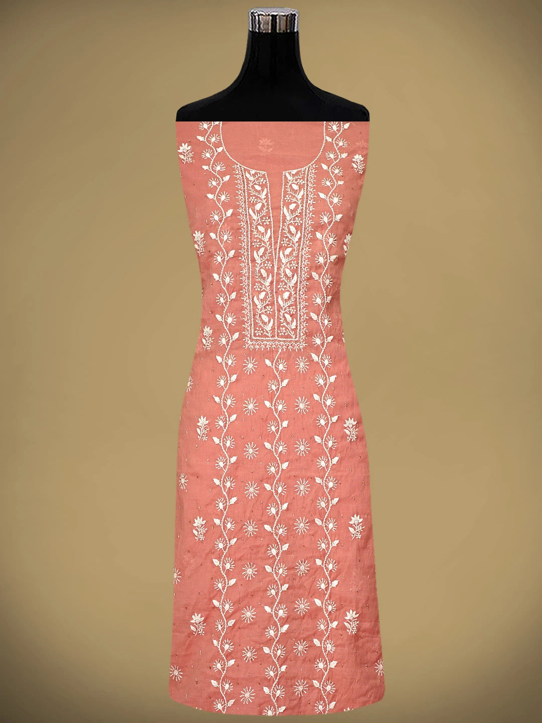 Ada Hand Embroidered Dusty Peach Chanderi Lucknowi Chikankari Unstitched Kurta Dupatta Set with Cutdana Work 01A818432