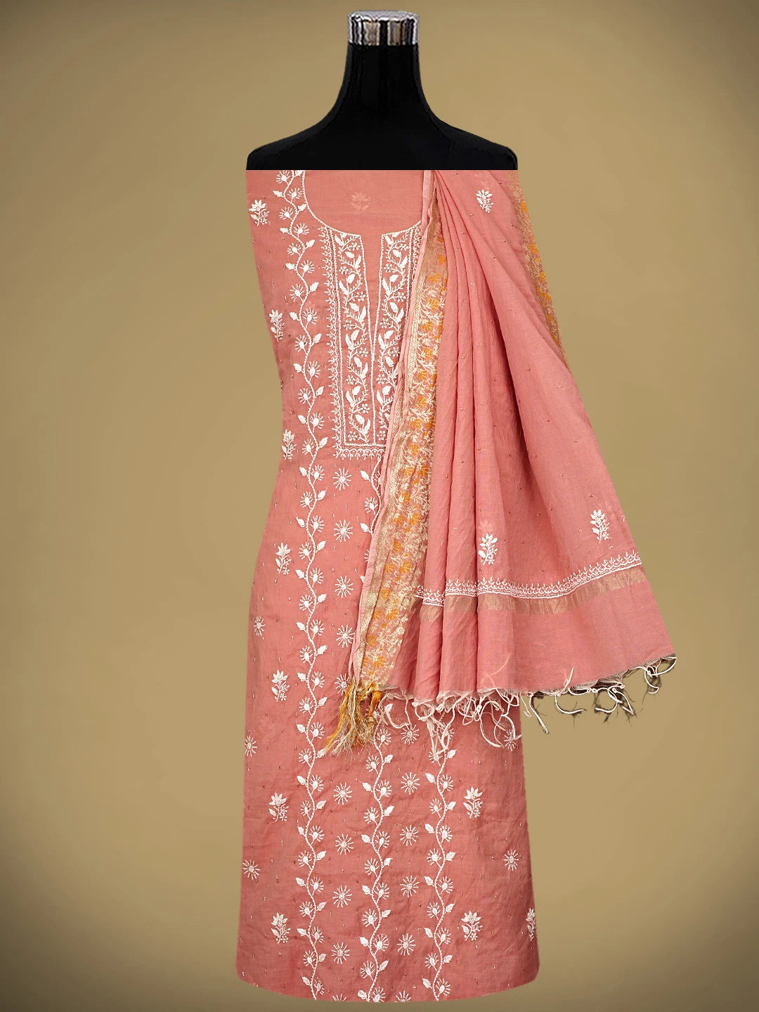 Ada Hand Embroidered Dusty Peach Chanderi Lucknowi Chikankari Unstitched Kurta Dupatta Set with Cutdana Work 01A818432