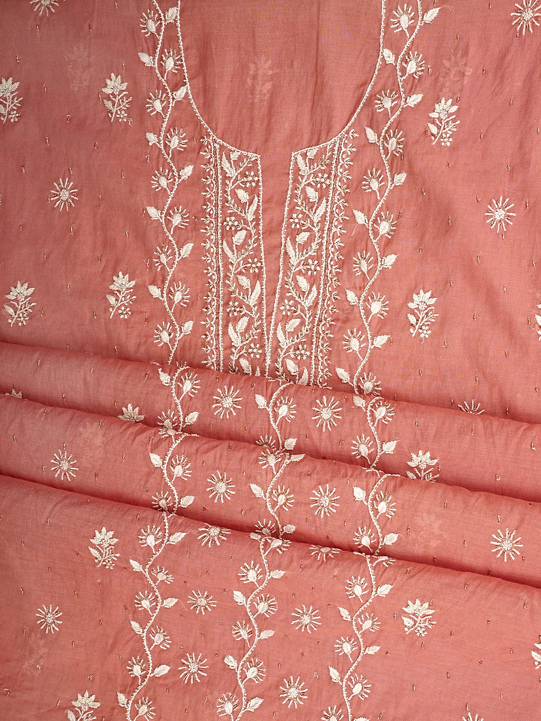 Ada Hand Embroidered Dusty Peach Chanderi Lucknowi Chikankari Unstitched Kurta Dupatta Set with Cutdana Work 01A818432