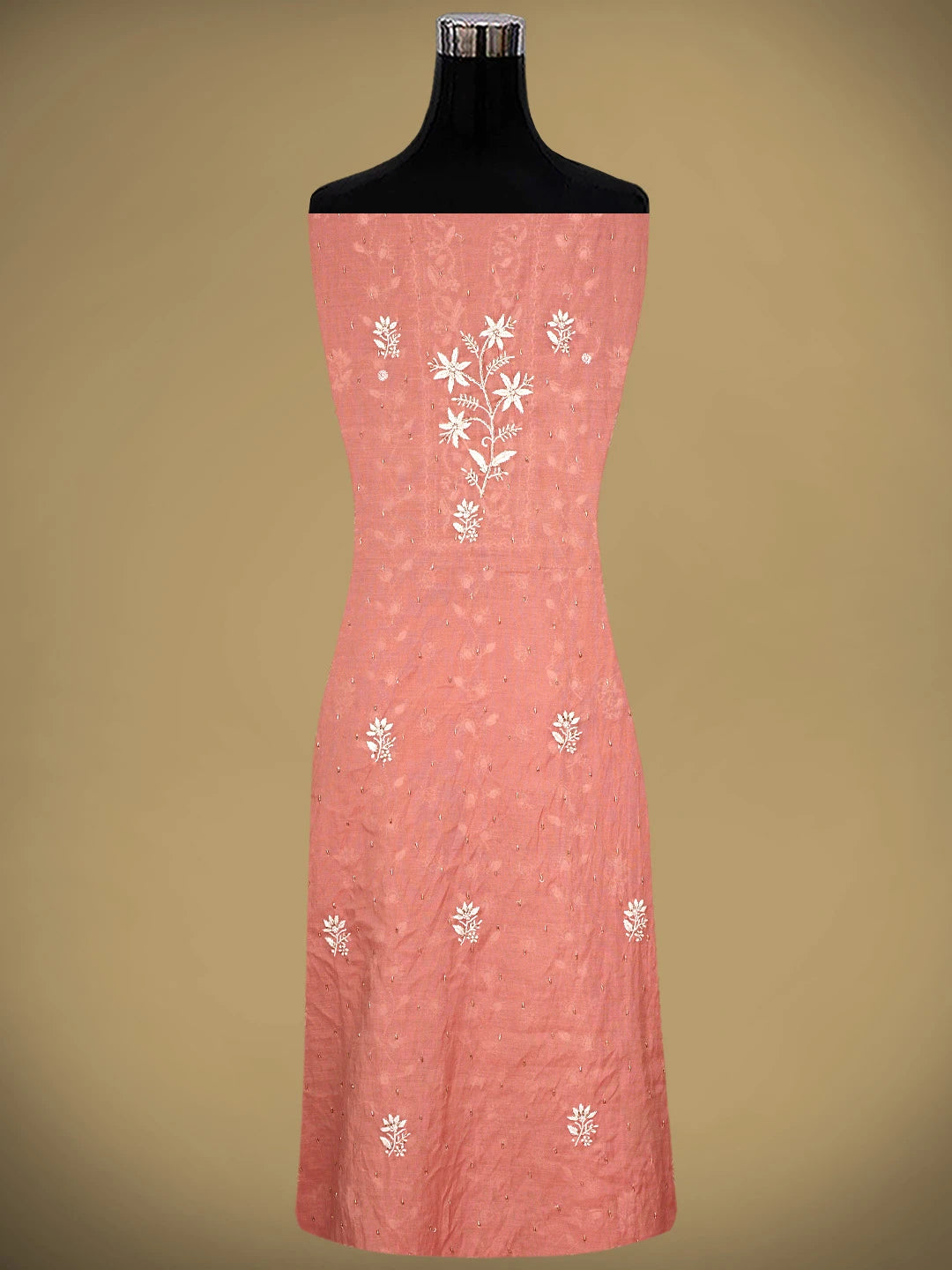 Ada Hand Embroidered Dusty Peach Chanderi Lucknowi Chikankari Unstitched Kurta Dupatta Set with Cutdana Work 01A818432