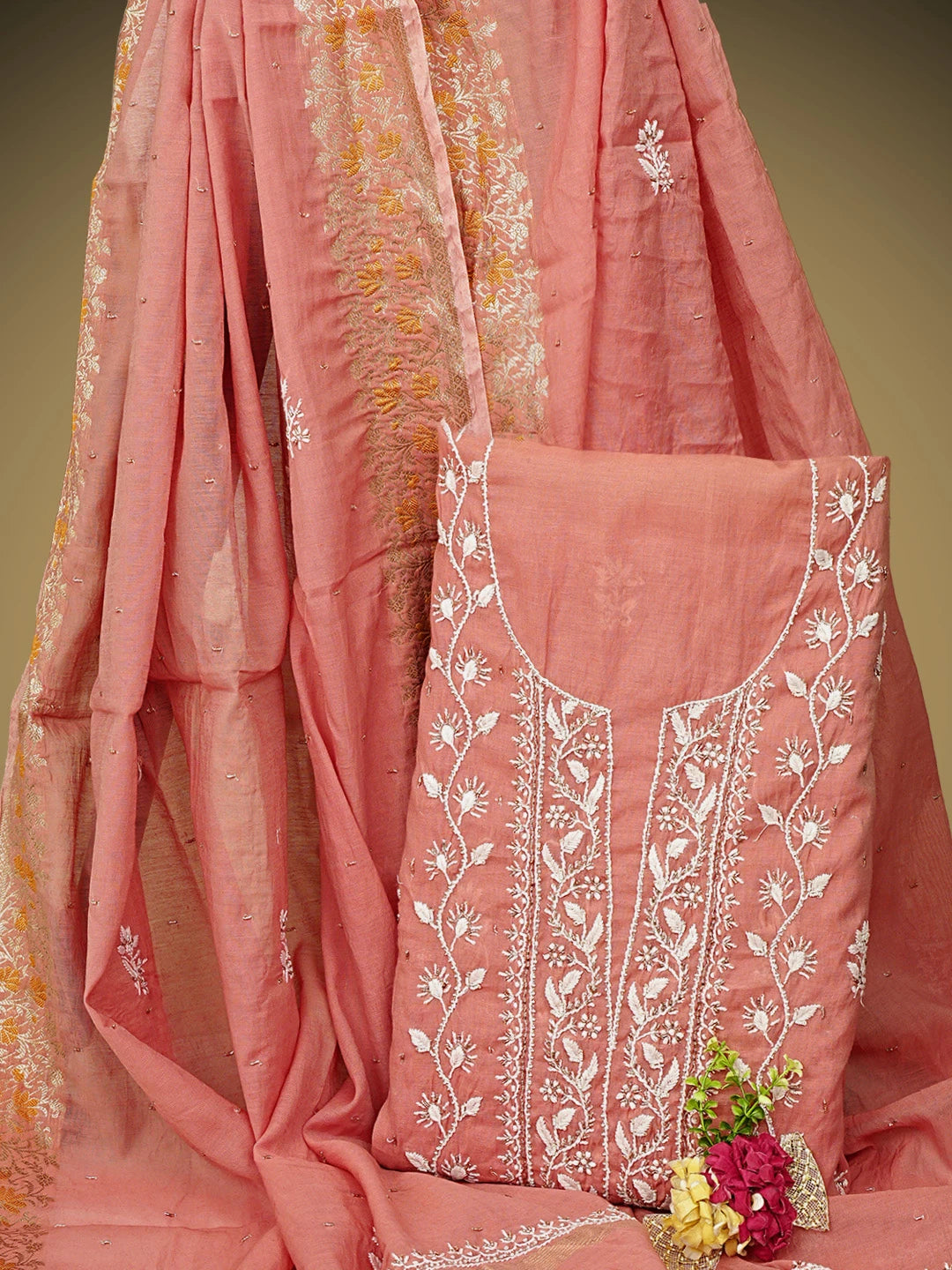 Ada Hand Embroidered Dusty Peach Chanderi Lucknowi Chikankari Unstitched Kurta Dupatta Set with Cutdana Work 01A818432