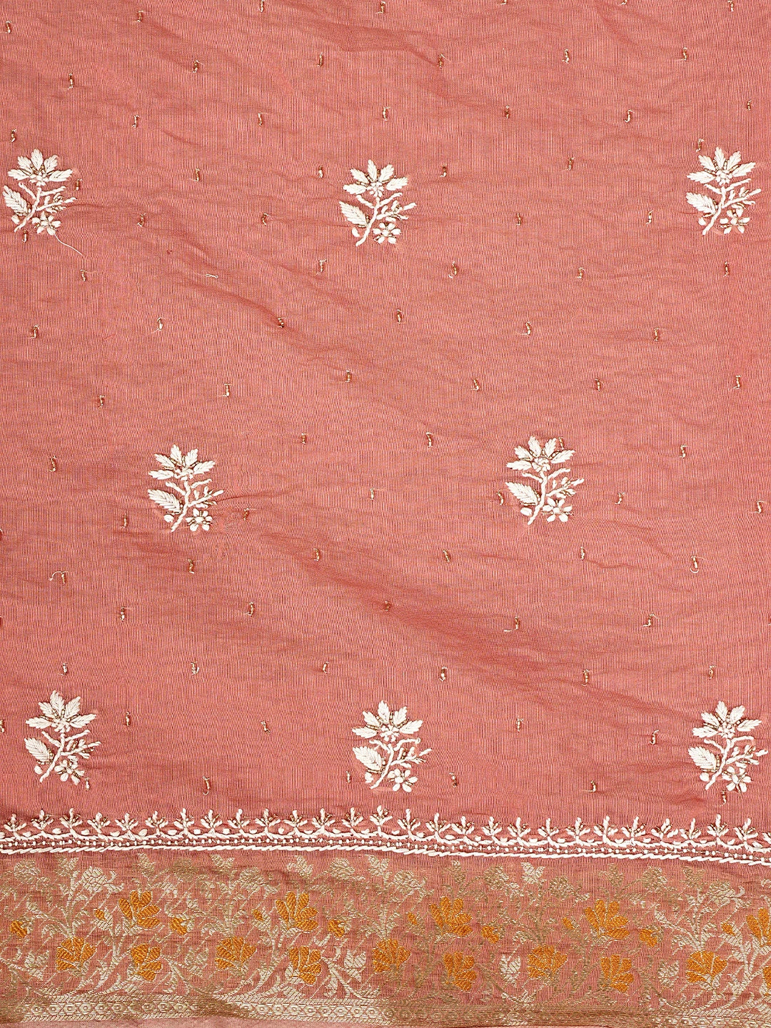 Ada Hand Embroidered Dusty Peach Chanderi Lucknowi Chikankari Unstitched Kurta Dupatta Set with Cutdana Work 01A818432