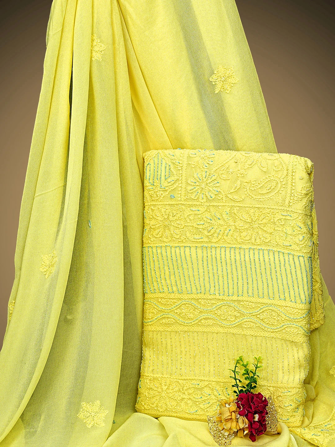 Ada Hand Embroidered Lemon Viscose Georgette Lucknowi Chikankari Unstitched Kurta Dupatta Set With Cutdana Work 01A816527