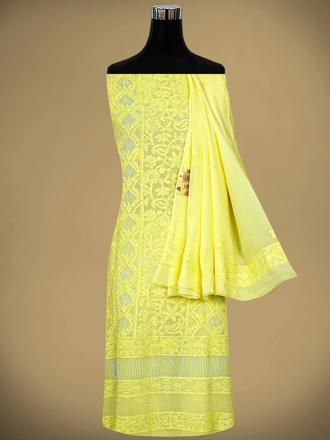 Ada Hand Embroidered Lemon Viscose Georgette Lucknowi Chikankari Unstitched Kurta Dupatta Set With Cutdana Work 01A816527