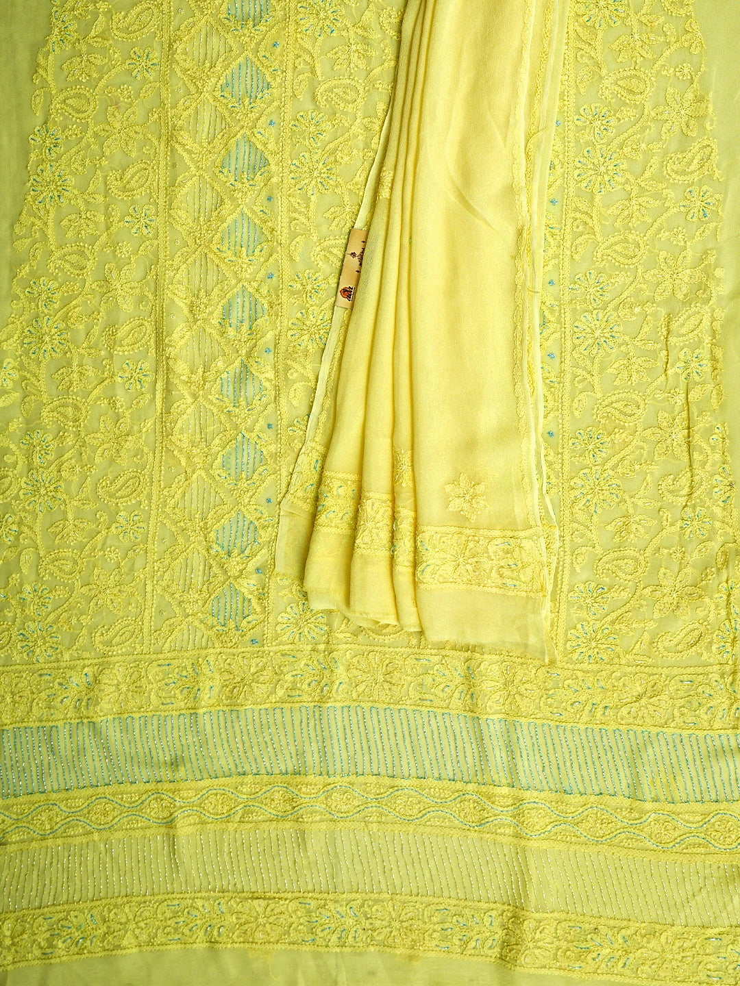 Ada Hand Embroidered Lemon Viscose Georgette Lucknowi Chikankari Unstitched Kurta Dupatta Set With Cutdana Work 01A816527