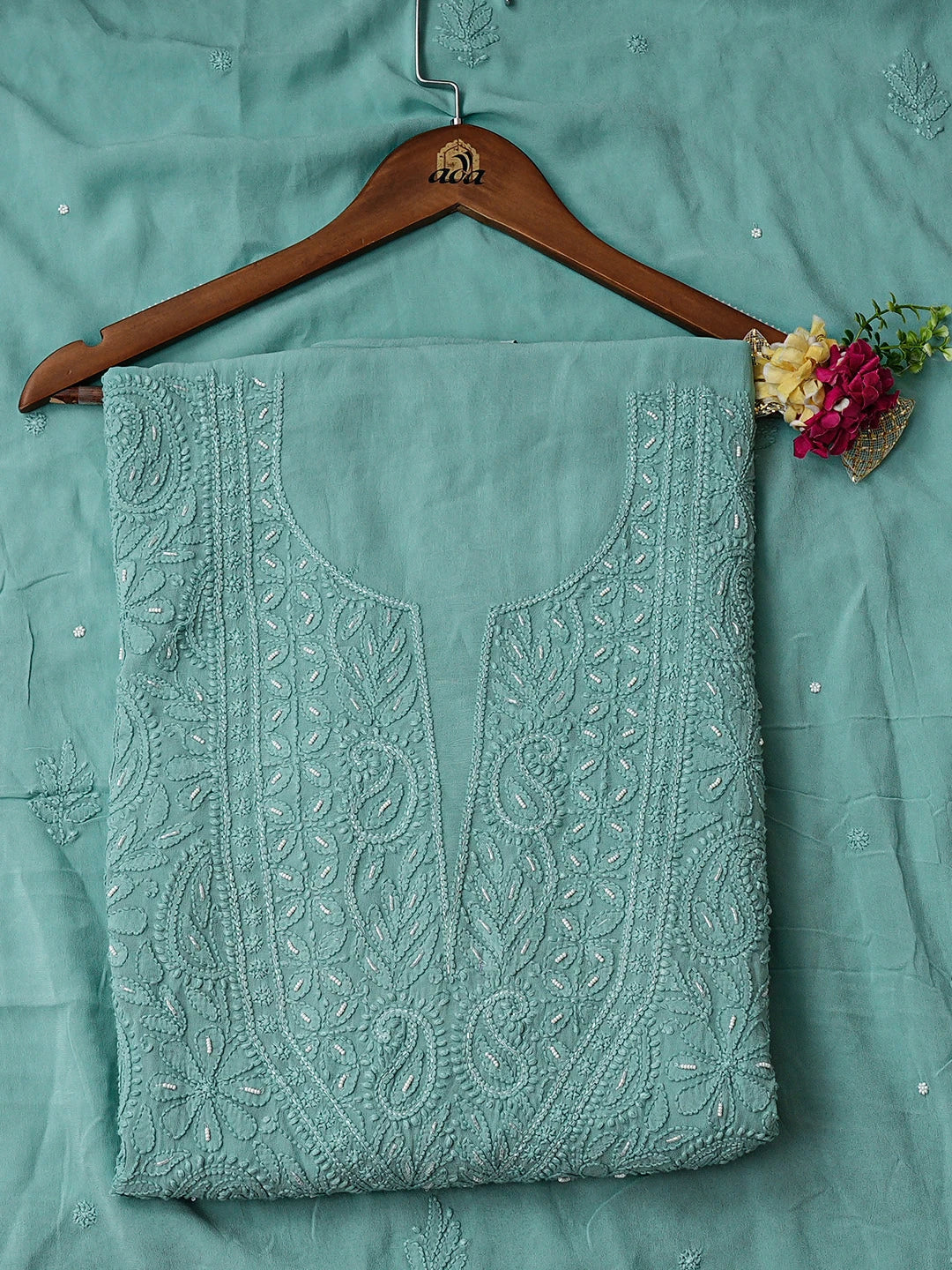 Ada Hand Embroidered Sea Green Viscose Georgette lucknowi Chikankari Unstitched Kurta Dupatta Set With Cutdana Work 01A944702