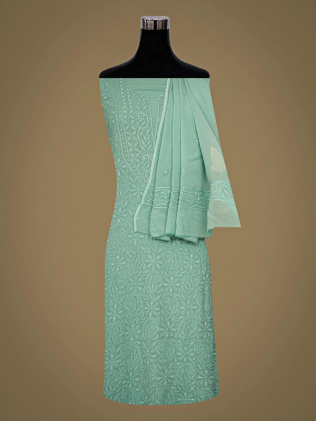 Ada Hand Embroidered Sea Green Viscose Georgette lucknowi Chikankari Unstitched Kurta Dupatta Set With Cutdana Work 01A944702