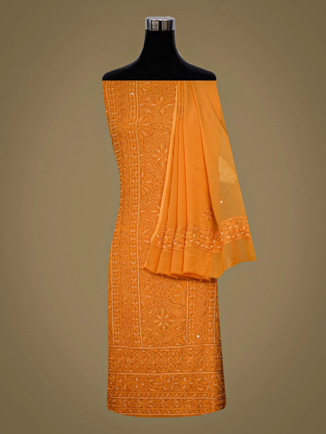 Ada Hand Embroidered Mustard Viscose Georgette lucknowi Chikankari Unstitched Kurta Dupatta Set With Cutdana Work 01A933561