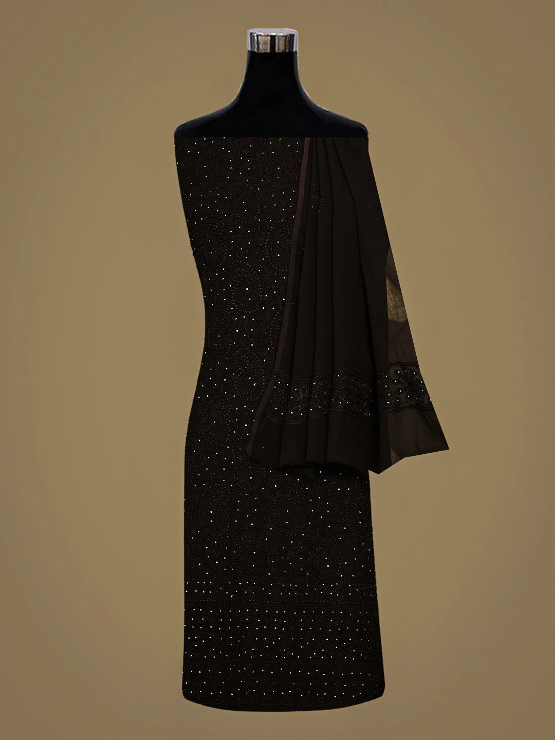 Ada Hand Embroidered Brown Viscose Georgette lucknowi Chikankari Unstitched Kurta Dupatta Set With Muqaish/Mukaish Work 01A893362