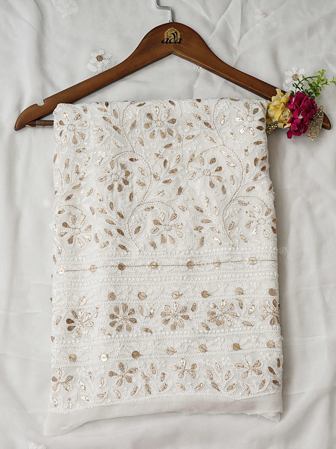 Ada Hand Embroidered White Viscose Georgette lucknowi Chikankari Unstitched Kurta Dupatta Set With Gota Patti Work 01A907349
